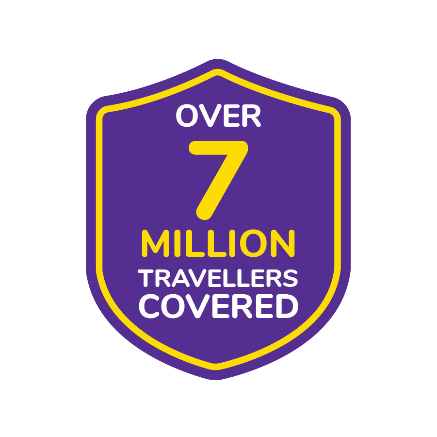 Badge with text 'Over 7 Million Travellers Covered' in yellow and white on a purple background with a yellow border.